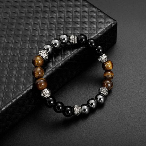 Brown Tiger's Eye, Black Obsidian & Hematite Natural Stone Beaded Bracelet NEW - Picture 3 of 6